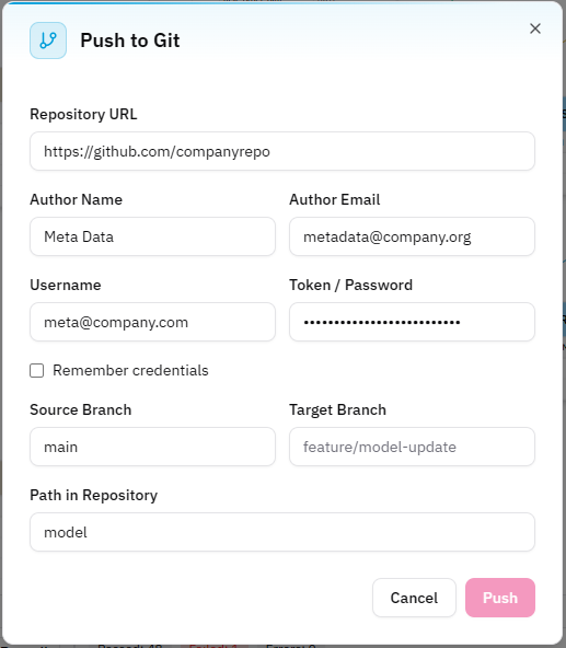 Push to Git dialog with repository URL, credentials and target branch