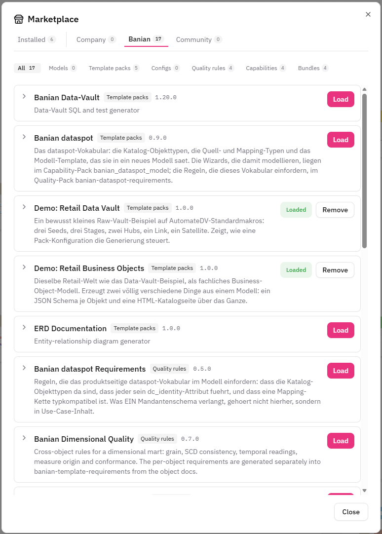 Marketplace with template packs, quality rules and capability packs