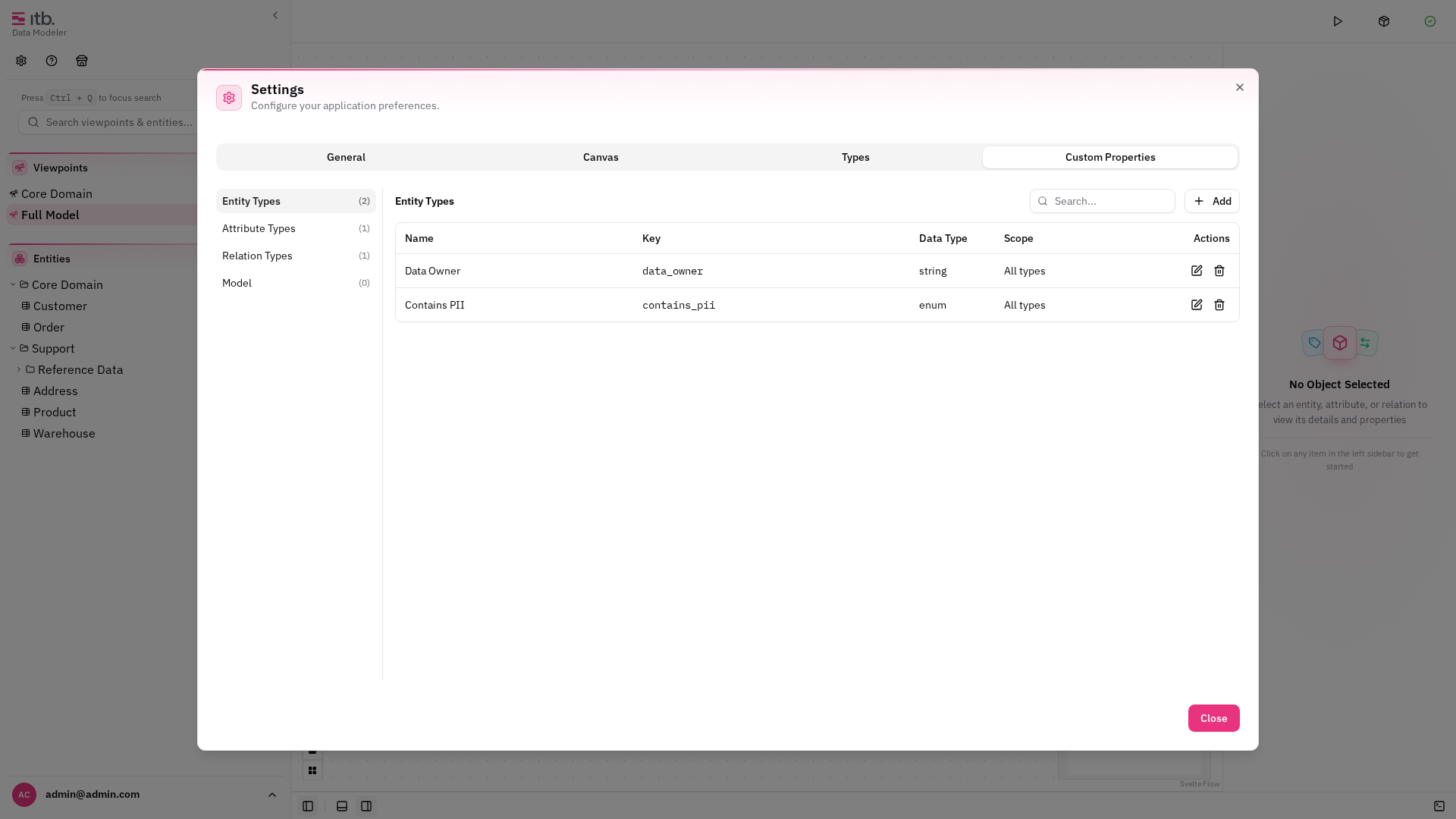 Custom properties settings