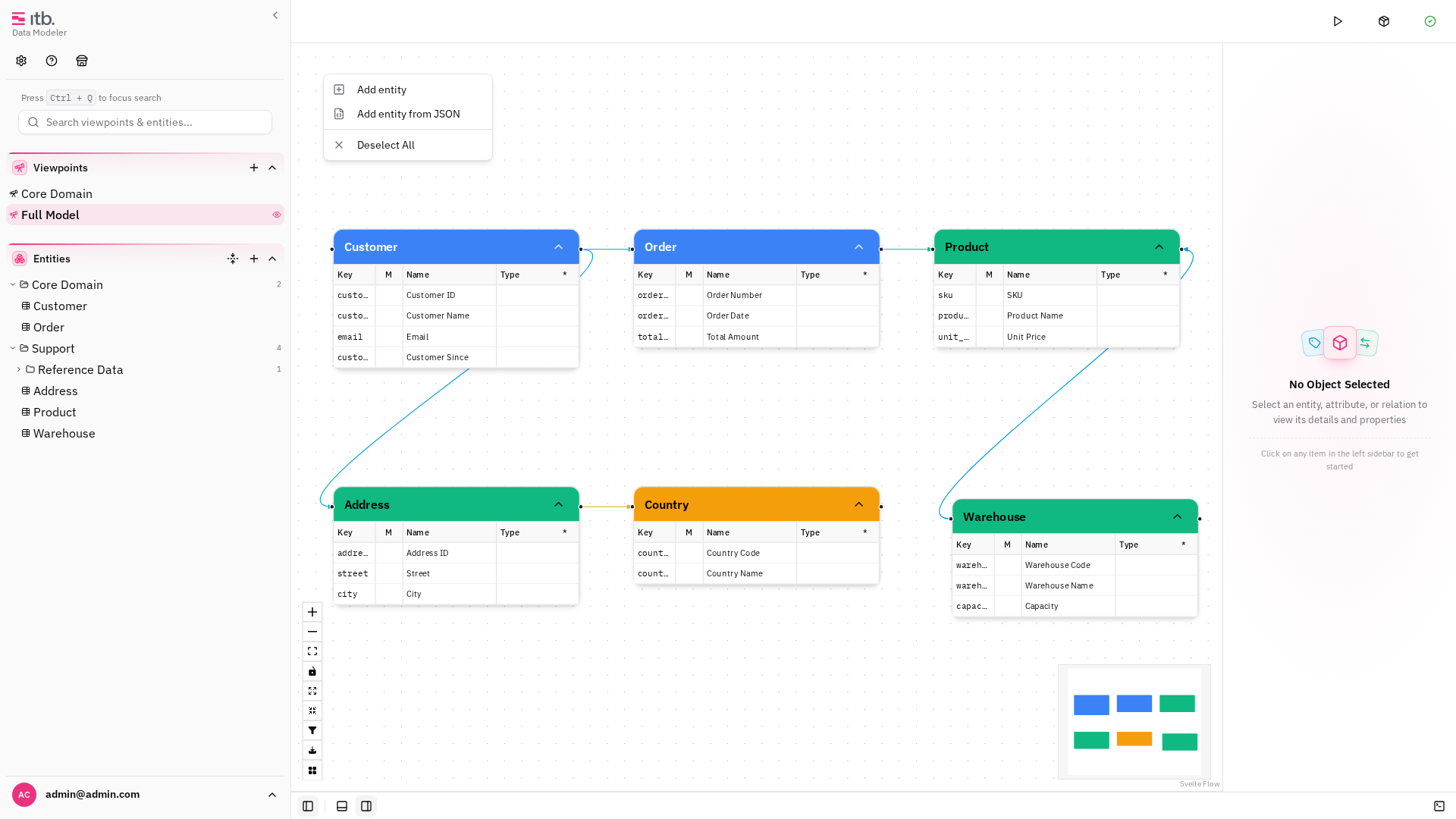 Canvas background menu with Add entity from JSON