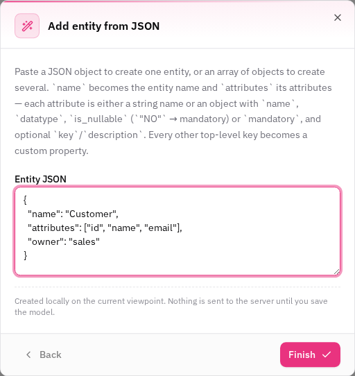 Add entity from JSON wizard