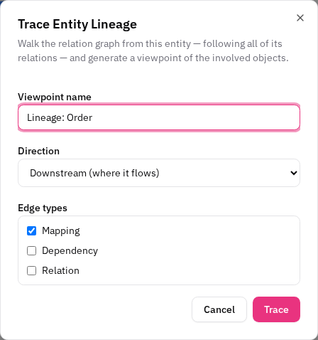 Trace entity lineage form
