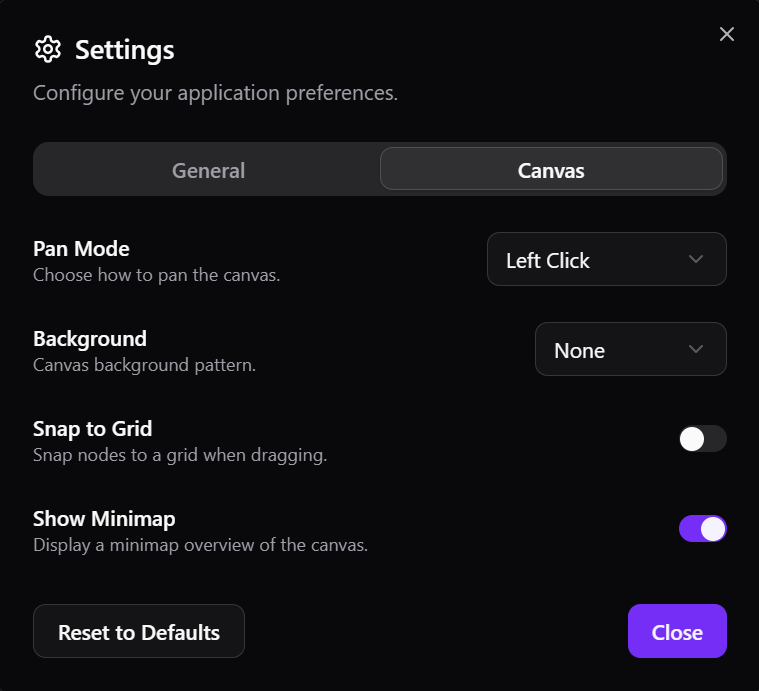 User Settings - Canvas Tab